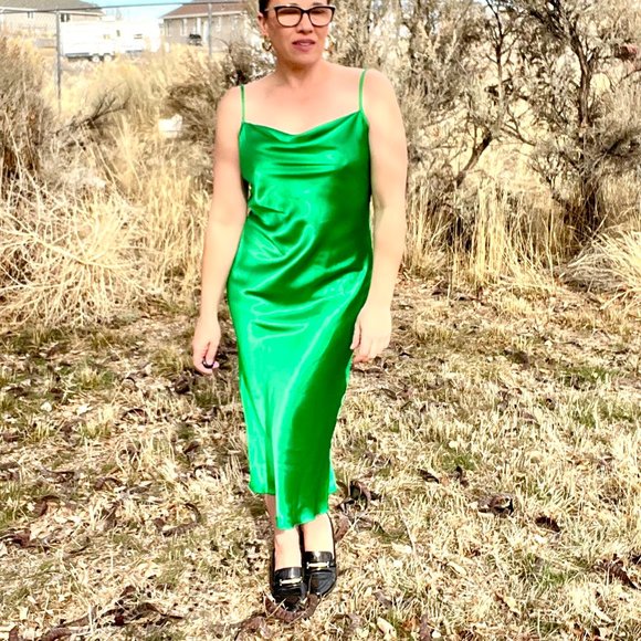 Bebe Dresses New Bebe Emerald Green Satin Cowl Neck Slip Dress Midi Length Spaghetti Straps Poshmark